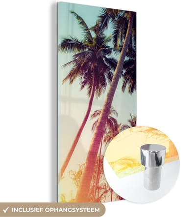 MuchoWow® Glasschilderij 20x40 cm - Schilderij acrylglas - Palmboom - Zomer - Retro - Zon - Foto op glas - Schilderijen