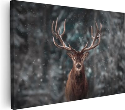 Artaza Canvas Schilderij Hertenkop - 30x20 cm - Klein - Wanddecoratie Gewei - Muurdecoratie Winter - Kamer Accessoires
