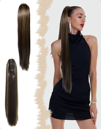 Ponytail Haarstuk van 66 cm Lang met Kordel, Recht en Gelaagd, Synthetisch Haaraccessoire voor Vrouwen in Bruin, Ideaal voor Feestjes en Dagelijks Gebruik