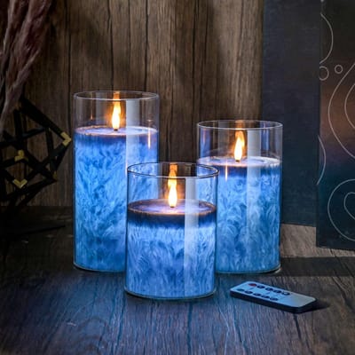 vlamloze in glas, 3 stuks, vlamloze kaarsen met afstandsbediening, timerfunctie, elektrische kaarsen, echte was, paraffinekaarsen voor bruiloft, feest, decoratie, blauw