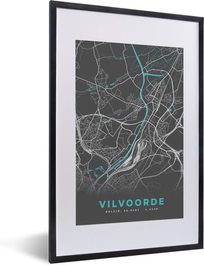 Fotolijst incl. Poster - Stadskaart – Grijs - Kaart – Vilvoorde – België – Plattegrond - 40x60 cm - Posterlijst