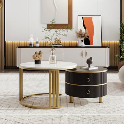REDOM Ronde 2-in-1 salontafelset 70×70/50×50 cm – zwart MDF met marmerpatroon & hoogglans blad, 2 lades, metalen poten, ruimtebesparend design