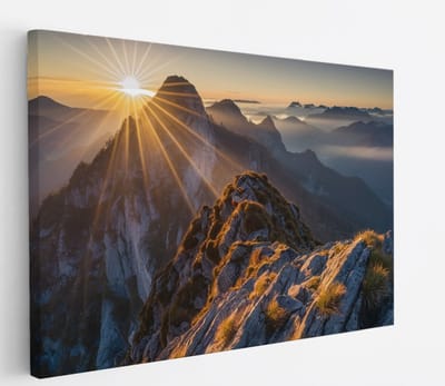 Saammp Canvas Schilderij -Bergtoppen met zonsopgang - Landschap - Natuur - 45x30 - Foto op canvas - Wanddecoratie - Muurdecoratie Woonkamer - Slaapkamer decoratie - Canvas Print