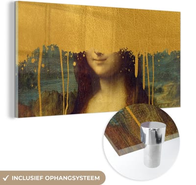 MuchoWow® Glasschilderij 40x20 cm - Schilderij acrylglas - Mona Lisa - Goud - Da Vinci - Foto op glas - Schilderijen