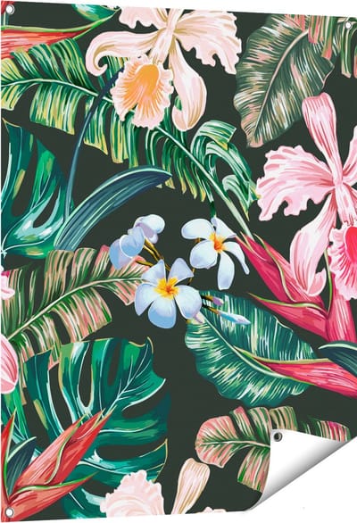 Gards Tuinposter Getekende Tropische Bloemen - Abstract - 80x100 cm - Tuindoek - Tuindecoratie - Wanddecoratie buiten - Tuinschilderij