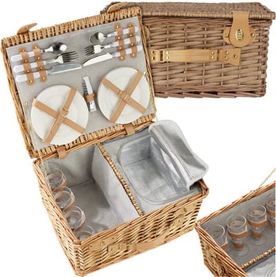 tectake® complete Picknickmand Set Terschelling - Luxe 21-delige Picknick set voor 4 personen - Picknick Mand van Riet - Inclusief Koelvak, Set met Borden, Kunststof Wijnglazen en Roestvrijstalen Bestek