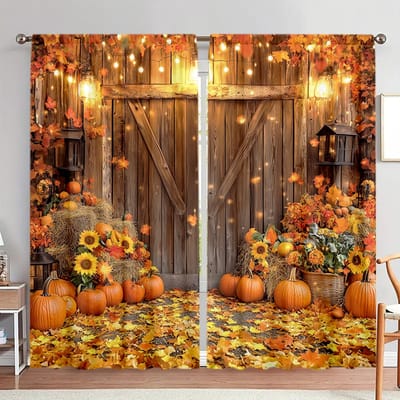 2 stuks Gordijn met Oogstpompoenprint voor Oogstfeest Huisdecoratie - Tunnel voor Roede Raambekleding voor Slaapkamer, Kantoor, Keuken 52.5cmX116cm X 2pcs brown