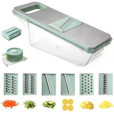 Populaire 6-in-1 Groentesnijder Mandoline: 6 messen om groenten gemakkelijk te snijden, julienne te snijden en te raspen Elastic Hand Guard gray