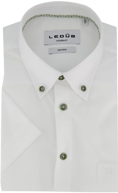 Wit Ledub overhemd korte mouw Modern Fit strijkvrij met groene knopen