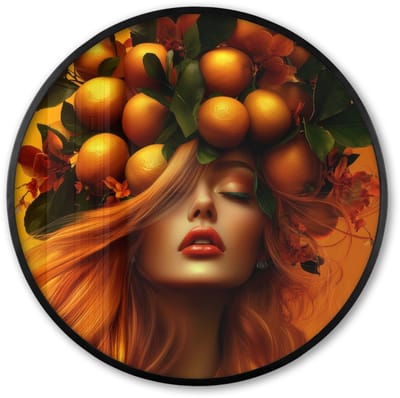 Poster in lijst Rond - Fotolijst 60x60 cm - Posters - Vrouw - Citroenen - Bloesem - Geel - Ronde posterlijst zwart - Decoratie - Wanddecoratie woonkamer - Muurdecoratie slaapkamer