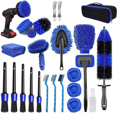 25-Delig Auto Schoonmaak Set - Auto Reinigingsborstels - Interieur En Exterieur Reiniging - Zachte Microvezel Borstels - Ergonomische Handvatten - Opbergtas Inbegrepen
