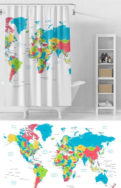 Floraweg Douchegordijn,Shower Curtain,badgordijn,badkamergordijn,wereldkaart,-topkwaliteit - digitale printen -Anti Schimmel - Inclusief 12 ringen -met 12 stuks douchegordijnhaken – Waterdicht -Wasbaar- Polyester - 180x200 cm