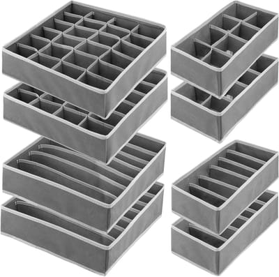 Set van 8 lade-organizers, 4 maten, opvouwbare stoffen opbergdoos, kast, grijs, ondergoed, kledingkast, organizer, stoffen boxen, opslag voor beha's, sokken, stropdassen