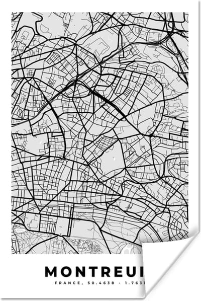 Poster Stadskaart - Frankrijk - Kaart - Montreuil - Plattegrond - 120x180 cm XXL