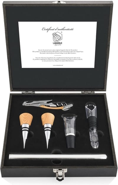 Kurkentrekker Giftset 6-delig met Wijnstoppers, Schenktuit en Koelstick - Eikenhout en Kunststof in Houten Verpakking