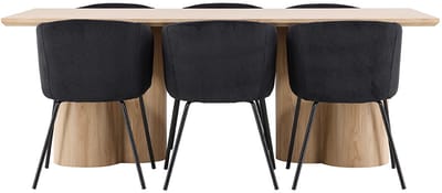 Olivia eethoek tafel 100x210cm en 6 fluwelen stoelen met armleuningen naturel.