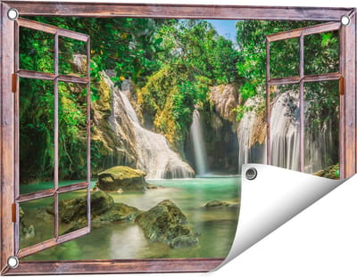 Gards Tuinposter Doorkijk Tropische Waterval - 60x40 cm - Tuindoek - Tuindecoratie - Wanddecoratie buiten - Tuinschilderij