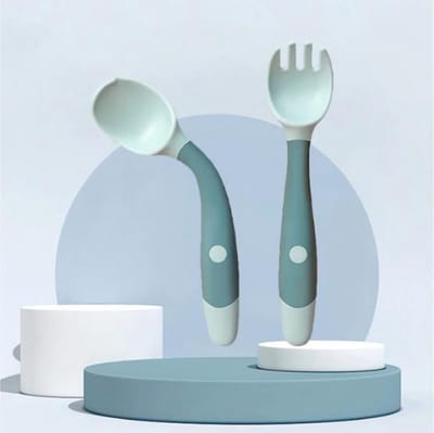 ProductGoods - Baby Bestek Siliconen - Vork en Lepel - Oefenbestek - babyservies - Blauw/Grijs