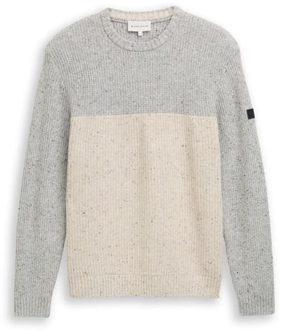 Tom Tailor - Gebreide trui met structuurmix - Maat XXL - grey offwhite nep colorblock