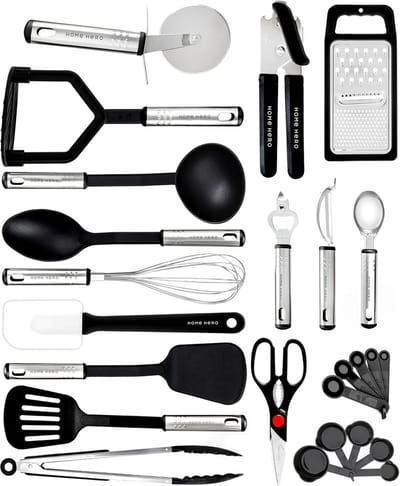 Keukengerei set - Keukengerei met antiaanbaklaag - Roestvrij staal en siliconen Kookgerei - Keukengereedschap Gadgets Accessoires Lepels Draaispanen Spatels Lepel set (25 stuks roestvrij staal)