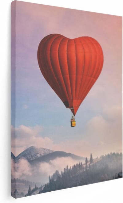 Artaza Canvas Schilderij Hart Luchtballon - 30x40 cm - Klein - Wanddecoratie Zonsondergang - Muurdecoratie Bergen - Schilderijen Op Canvas
