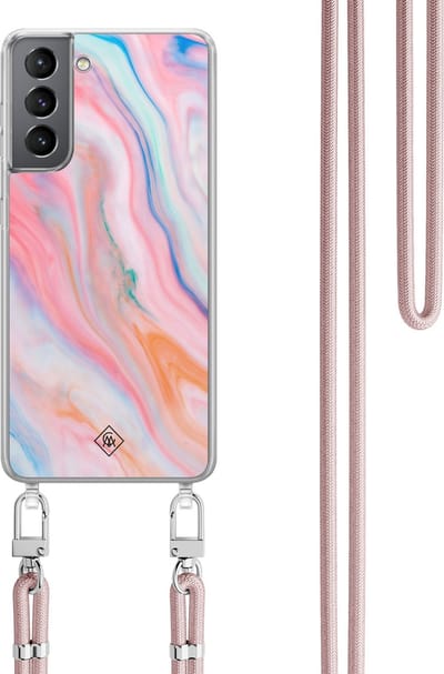 Casimoda® hoesje met koord - Geschikt voor Samsung S21 - Pink Glam - Afneembaar koord - TPU/polycarbonaat - Roze
