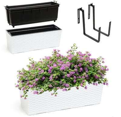 KADAX Bloembak van kunststof, 18,5 x 56 cm, plantenbak met inzet, weerbestendige balkonbak, rechthoekige bloembak, bloempot voor buiten, met houders, rotan patroon, wit