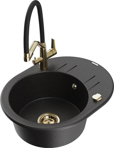 Mexen Kevin granieten gootsteen met 1 bak met dubbele keukenmengkraan, zwart/zilver metallic - 6517-73-671701-57-G