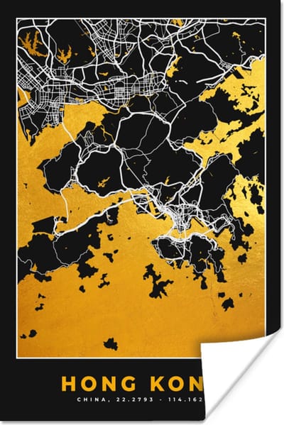 Poster Hong Kong - Stadskaart - Goud - Plattegrond - Kaart - 120x180 cm XXL
