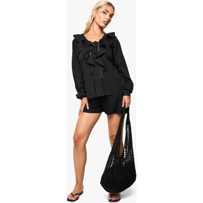 boohoo Dames Ruffle Cutwork Trim Blouse | Black | Maat: 6