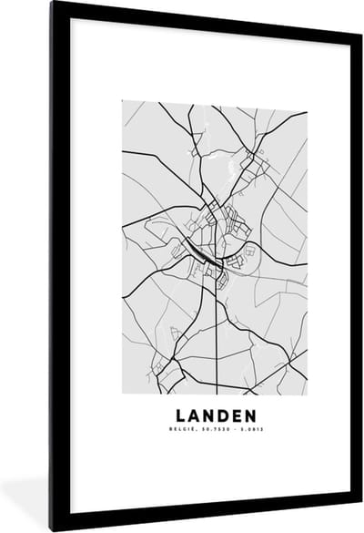 Fotolijst incl. Poster Zwart Wit- Zwart Wit – België – Plattegrond – Stadskaart – Kaart – Landen - 60x90 cm - Posterlijst
