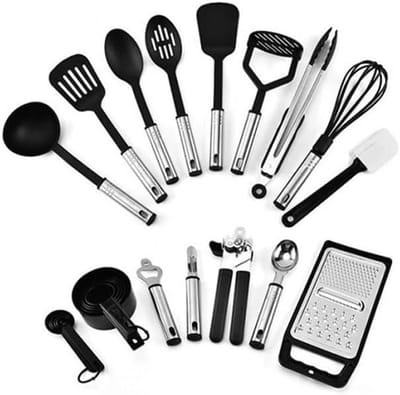 MODFU Nylon Keukengerei Set – 40-delig met RVS Handgrepen – Praktisch en Veelzijdig – Comfortabel Koken – Geschikt voor Dagelijks Gebruik – Zilvergrijs