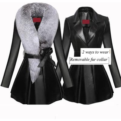 Trench-Coat mi-long en cuir et coton pour femme, Slim, fourrure PU avec col en fausse fourrure de renard, hiver XXXXL noir