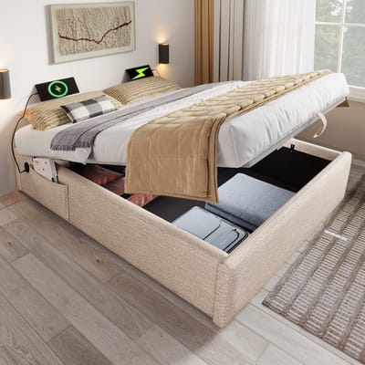 Sweiko Tweepersoonsbed - 140 x 200 cm - Opbergruimte - USB-opladen - Zonder hoofdeinde/matras - Beige