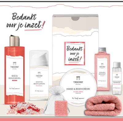 Geschenkset “Bedankt voor je inzet!” - 7 producten - 850 gram | Triomf Original - Giftset voor haar - Cadeau Pakket Vrouw - Geschenk medewerker - Wellness Cadeaupakket Kerst - Kerstpakket - Goede Zorg Zorgwerker Vrijwilliger - Gift Set Roze Rood