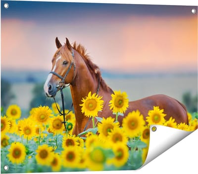 Gards Tuinposter Bruin Paard tussen de Zonnebloemen - 80x60 cm - Tuindoek - Tuindecoratie - Wanddecoratie buiten - Tuinschilderij