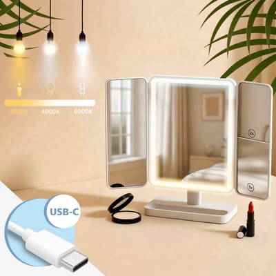 Spiegel met Verlichting – Driebladige make-up spiegel – LED Make-up Spiegel – Instelbaar Licht – Oplaadbaar – make-upspiegel