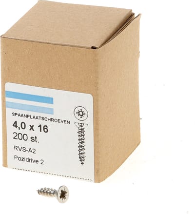 Hoenderdaal Spaanplaatschroef RVS platverzonken kop PZ2 voldraad 4.0X16 (per 200 stuks)