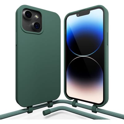 Coverzs Silicone case met koord - Telefoonhoesje met koord - Backcover hoesje met koord - touwtje - geschikt voor Apple iPhone 14 - groen
