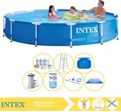 Intex Rond Frame Zwembad - 366 x 76 cm - Blauw - Inclusief Onderhoudspakket - Zwembadfilterpomp - Filter - Grondzeil - Schoonmaakset - Ladder - Voetenbad - 8-delig