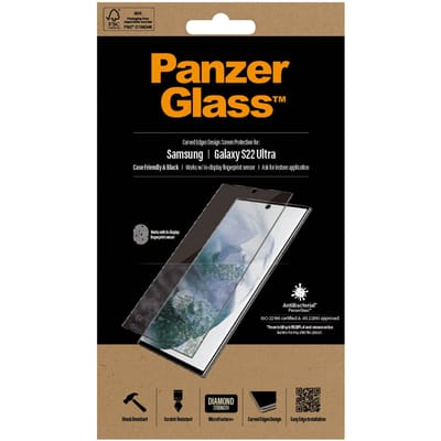 PanzerGlass Screenprotector geschikt voor Samsung Galaxy S22 Ultra Glazen | PanzerGlass Edge to Edge Screenprotector - Case Friendly - Zwart