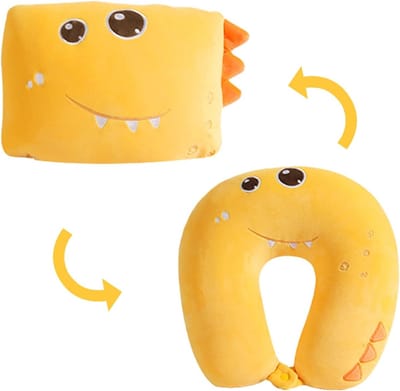 Comfortabel Reiskussen voor Kinderen met Dinosaurus Design, 2-in-1 Neksteun en Slaapkussen voor Auto, Vliegtuig en Thuisgebruik, Pluche Kussen in Geel