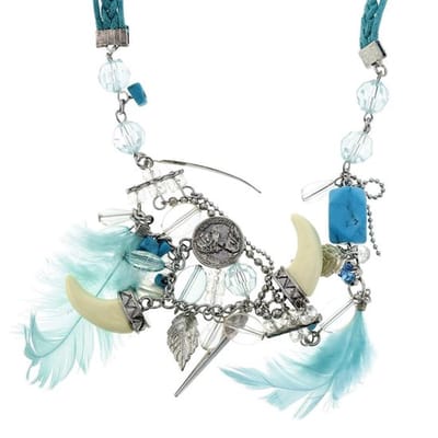 Behave - Ketting turquoise met veren en muntjes - Boho festivalstijl