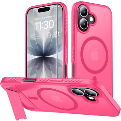 Hoesje Geschikt voor Apple iPhone 17 - Neon Roze - Casemania Magnetisch Matte Armor Back Cover met Kickstand - Geschikt voor MagSafe Draadloos Opladen - Telefoonhoesje met Handsfree Standaardfunctie