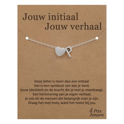 Letter P Armband op Cadeau Kaartje - Jouw initiaal, jouw verhaal - 15,5cm + 5,5cm verstelbaar Zilverkleurig Stainless Steel - Initiaal & Hartje Hanger - Pax Amare