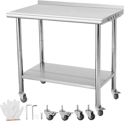 Professionele RVS Werktafel met Wielen en Spatscherm - 91 x 61 x 89 cm - Inclusief 5 Ophanghaken - Verstelbaar Onderstel - NSF Gecertificeerd - Verrijdbare Voorbereidingstafel voor Horeca & Keuken