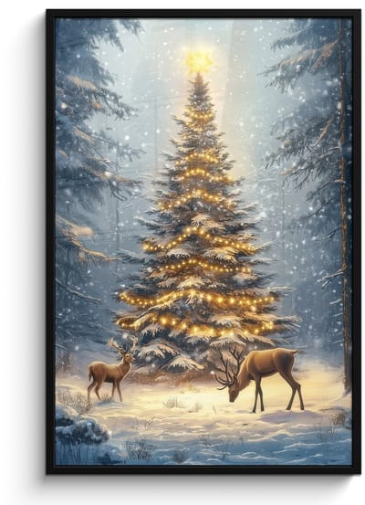 Poster in lijst - Fotolijst 80x120 cm - Posters - Kerstlicht - Woud - Hert - Donker - Posterlijst zwart - Decoratie - Wanddecoratie woonkamer - Muurdecoratie slaapkamer - Kerstversiering - Kerstdecoratie voor binnen - Kerstmis