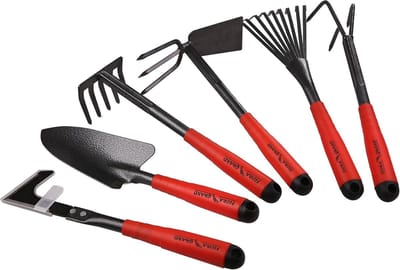 Gartengereedschap, 6-delige tuin gereedschap set inclusief onkruidverwijderaar, tuinschepje, handhark, handhak, struikhark, cultivator, tuin handgereedschap met koppen van koolstofstaal.