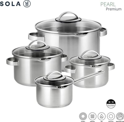 Sola Pearl Premium pannensets - 4-delig - Premium RVS Pannen - Geschikt voor Elke Warmtebron - PFAS Vrij - Zilver