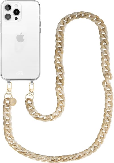 xoxo Wildhearts siliconen hoesje - Geschikt voor iPhone 14 Pro - Cream Latte - Telefoonhoesje - Hoesje met koord - Beige koord - lang telefoonkoord - Transparant hoesje (lange variant)